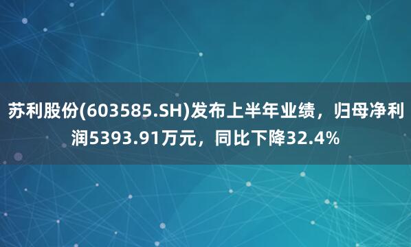 苏利股份(603585.SH)发布上半年业绩，归母净利润5393.91万元，同比下降32.4%